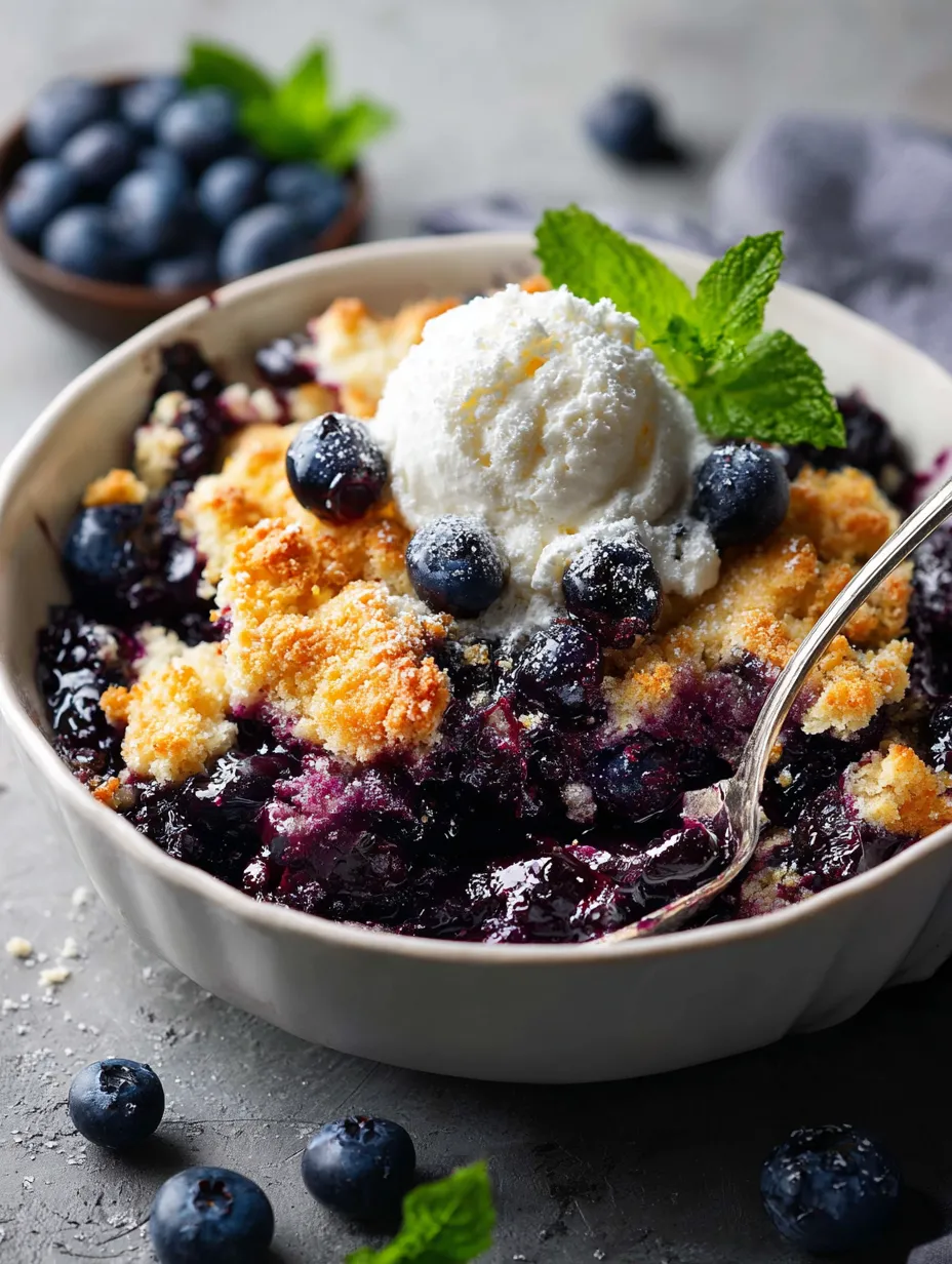 Eine Schale Blaubeeren mit einer Kugel Eis obenauf.