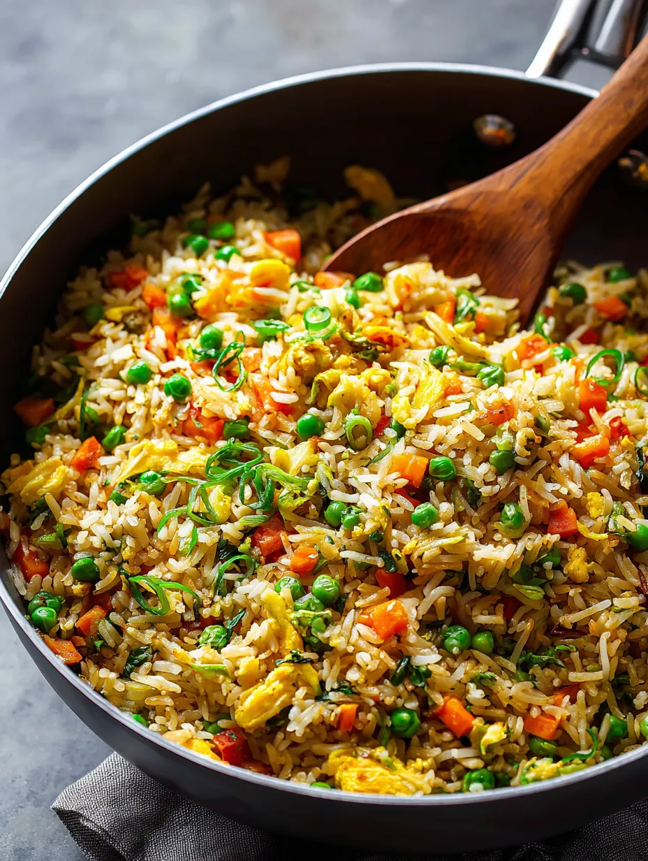 Eine Pfanne voller Reis mit Erbsen und Möhren.