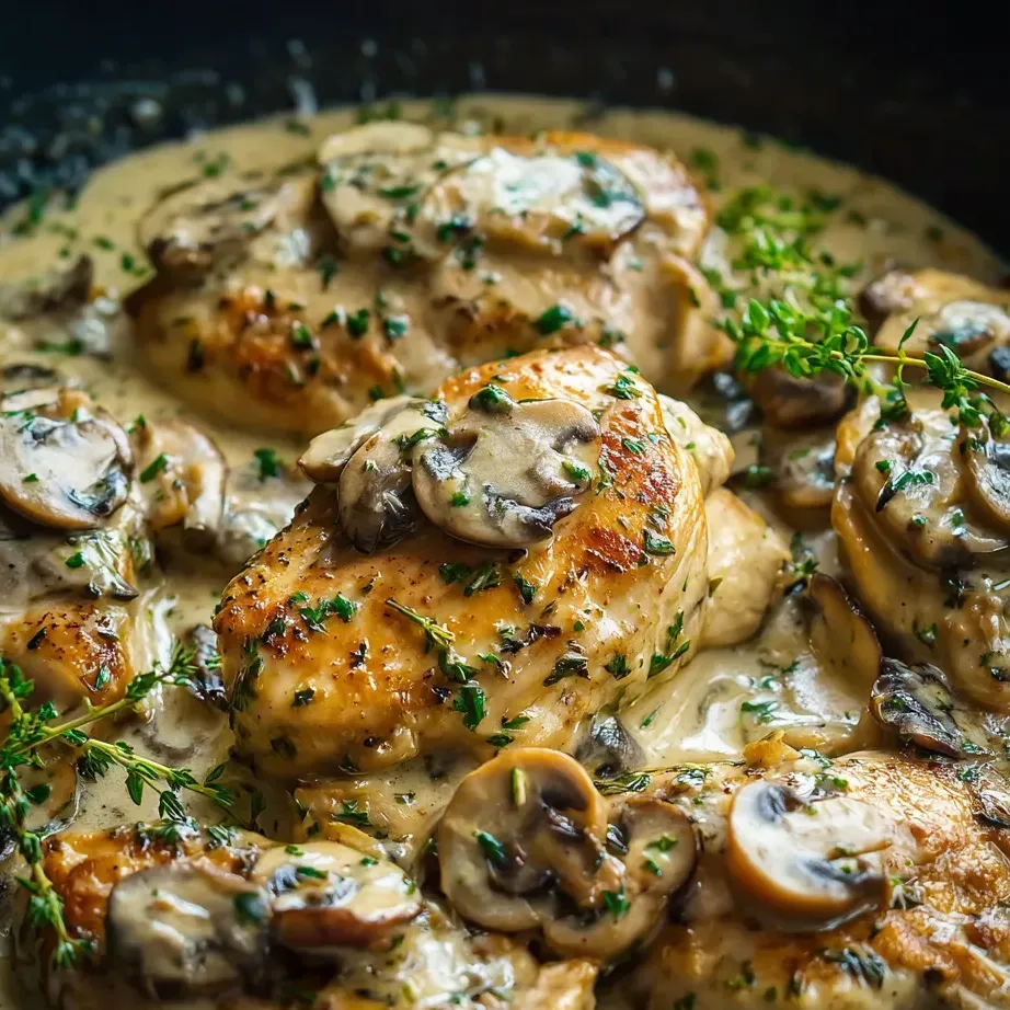 Hähnchen mit Pilzen und Kräutern.