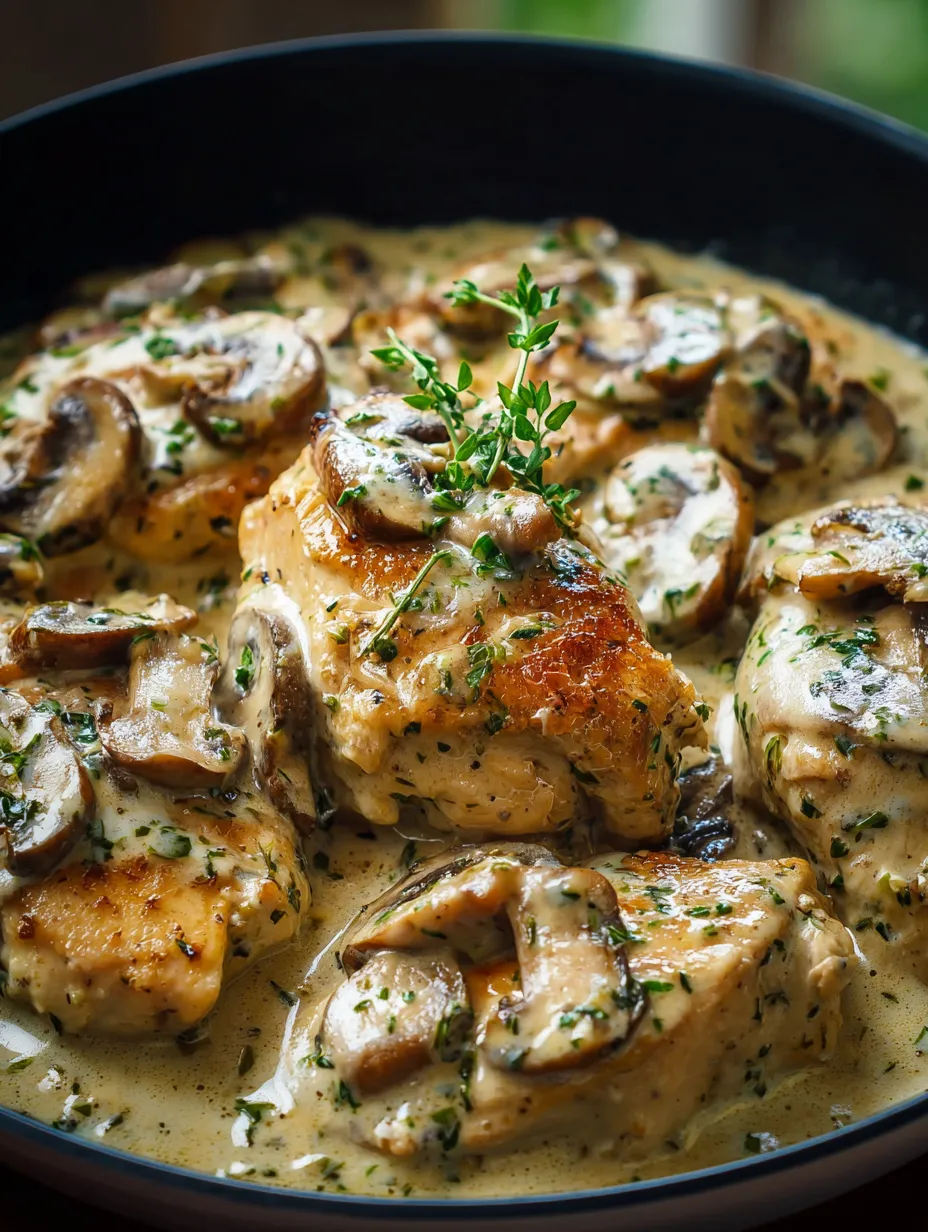 Hähnchen mit Pilzen und Kräutern.