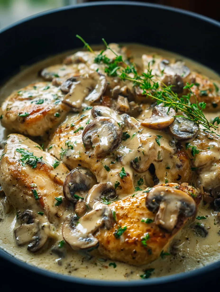 Hähnchen mit Pilzen und Kräutern.
