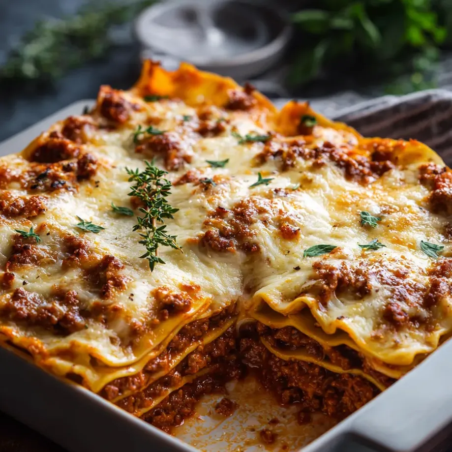 Ein Stück Lasagne mit viel Käse und Hackfleisch.
