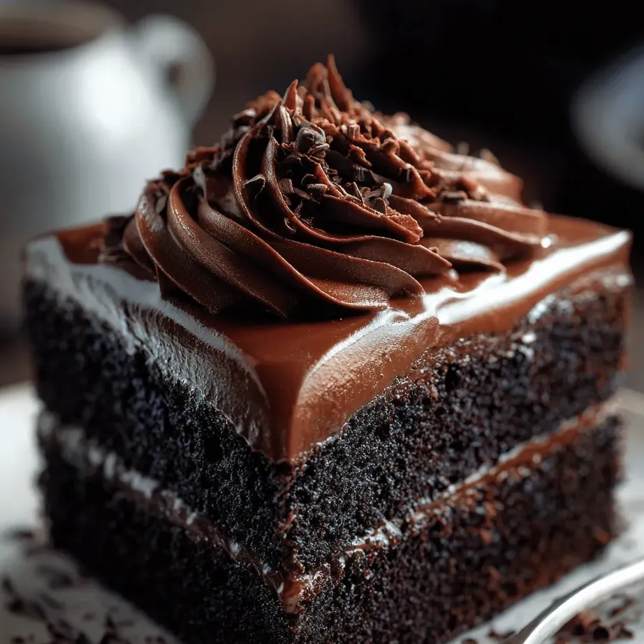 Ein Stück Schokokuchen mit einer glänzenden Schokoladendecke.