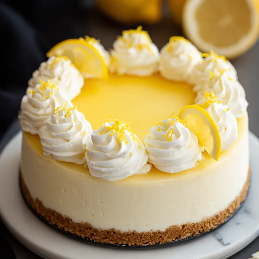 Ein Stück Zitronen-Käsekuchen mit einem Zitronenstück oben drauf.