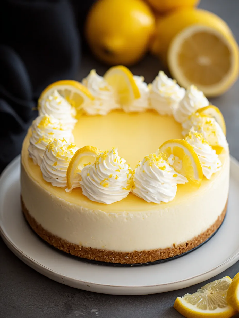 Ein Stück Zitronen-Cheesecake mit Zitronenscheiben oben drauf.