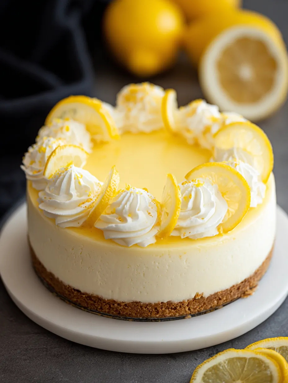 Ein Stück Zitronen-Cheesecake mit Sahne obendrauf.
