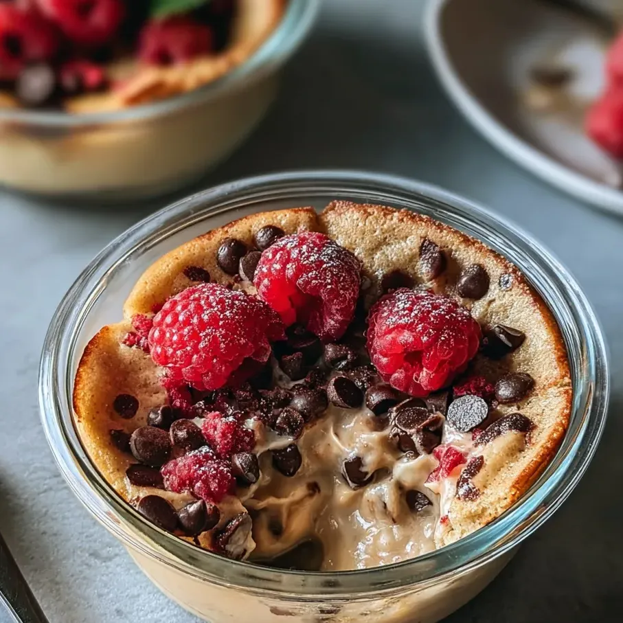 Eine Schale mit Pancake, Himbeeren und Schokolade.