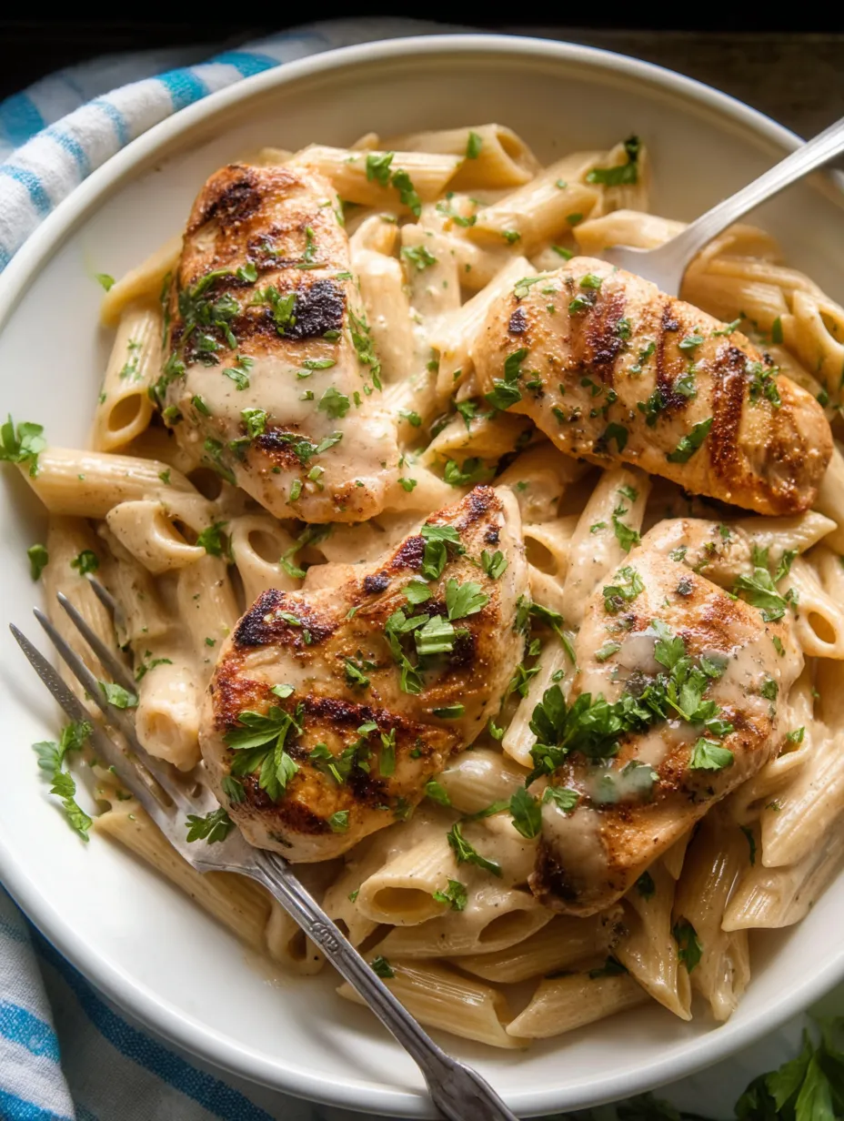Ein Teller Hähnchen-Pasta.