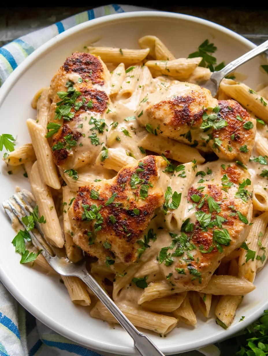Ein Teller Hähnchen-Pasta.
