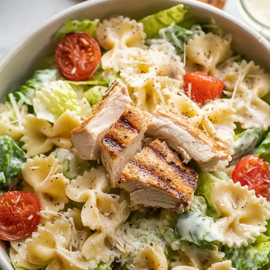 Eine Schüssel gefüllt mit Pasta-Salat, Hähnchen und Tomaten.