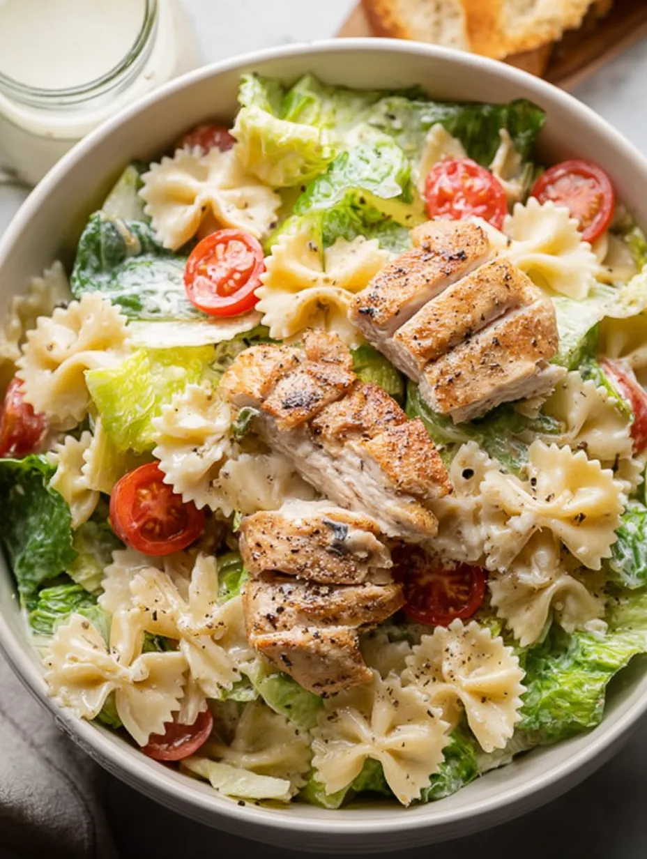 Schüssel mit Pasta, Chicken, Tomaten und Blattsalat.