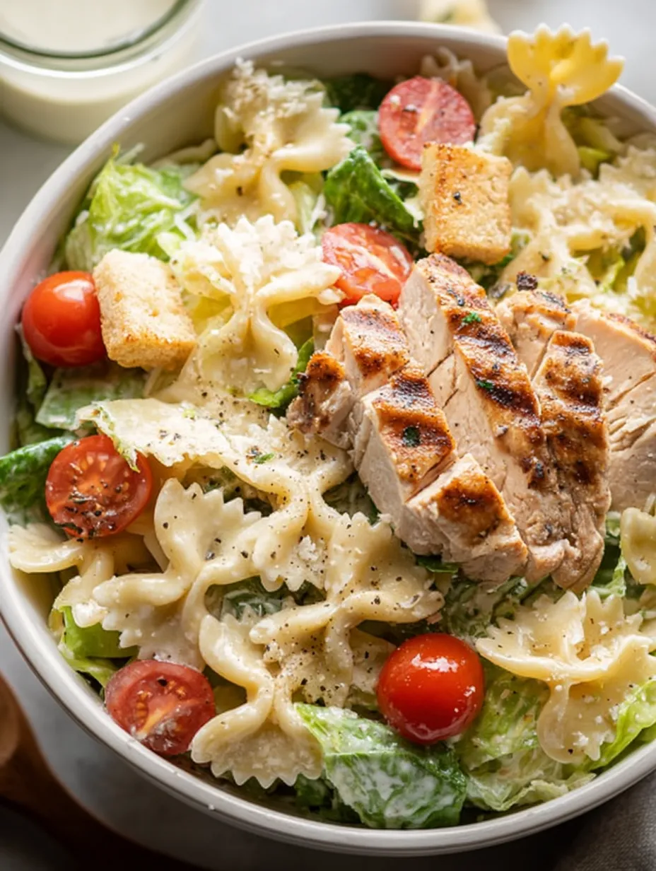 Schüssel mit Pasta, Chicken und Tomaten.