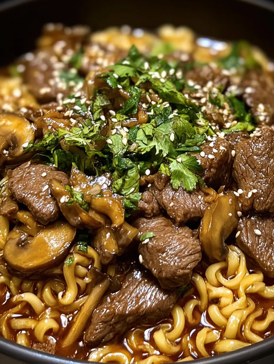 Eine Schüssel mit Nudeln, Fleisch und Pilzen.