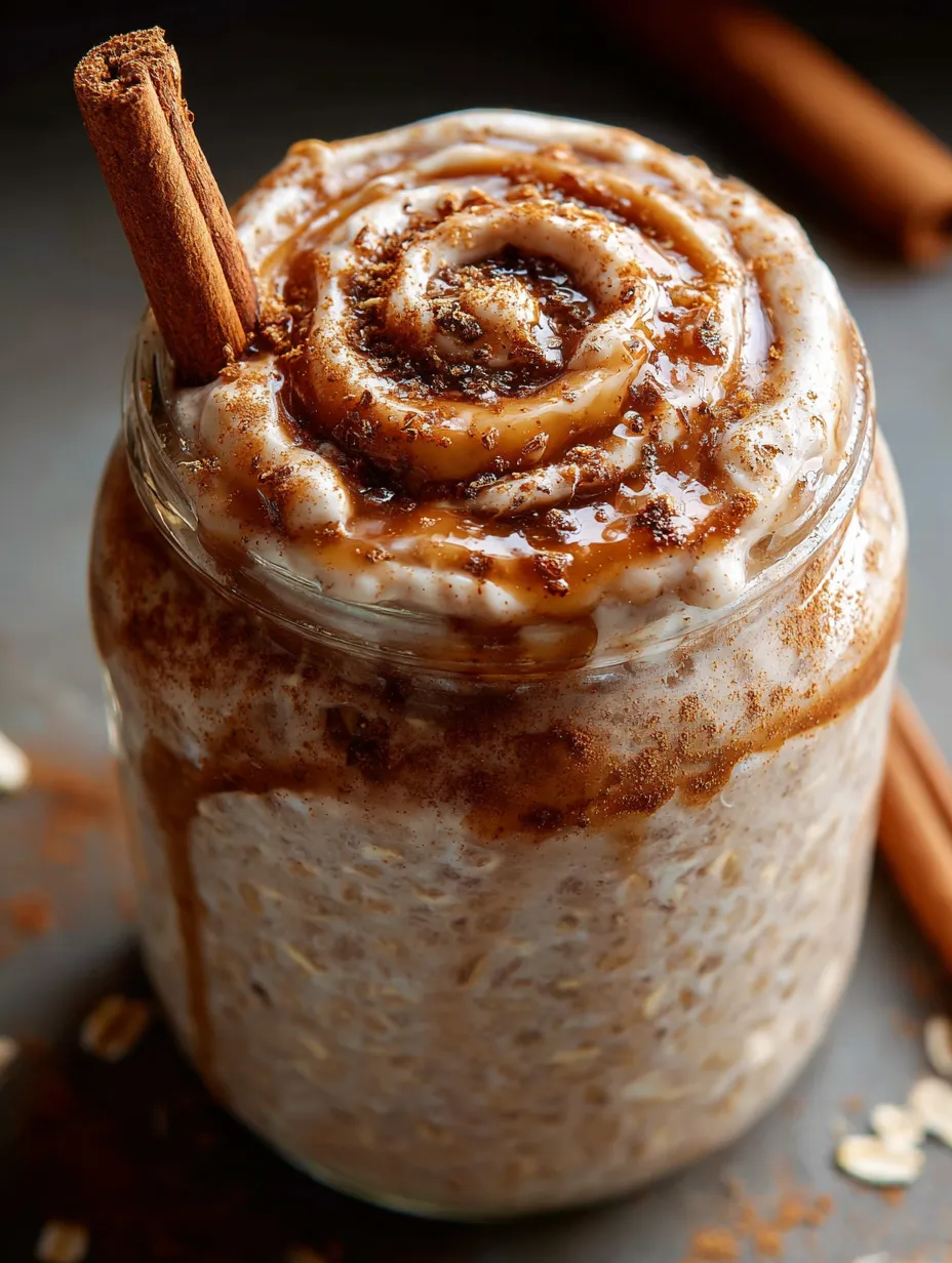 Ein Glas Zimtschnecken-Oats mit einer Zimtstange.