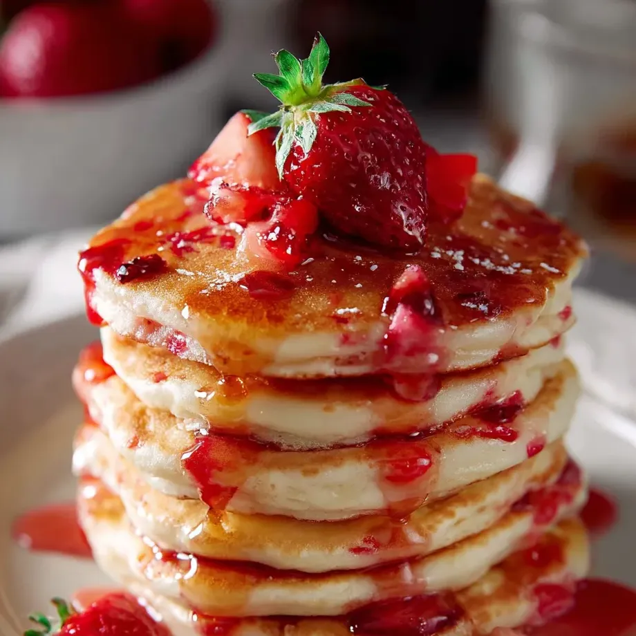 Ein Stapel Pfannkuchen mit Erdbeeren oben drauf.
