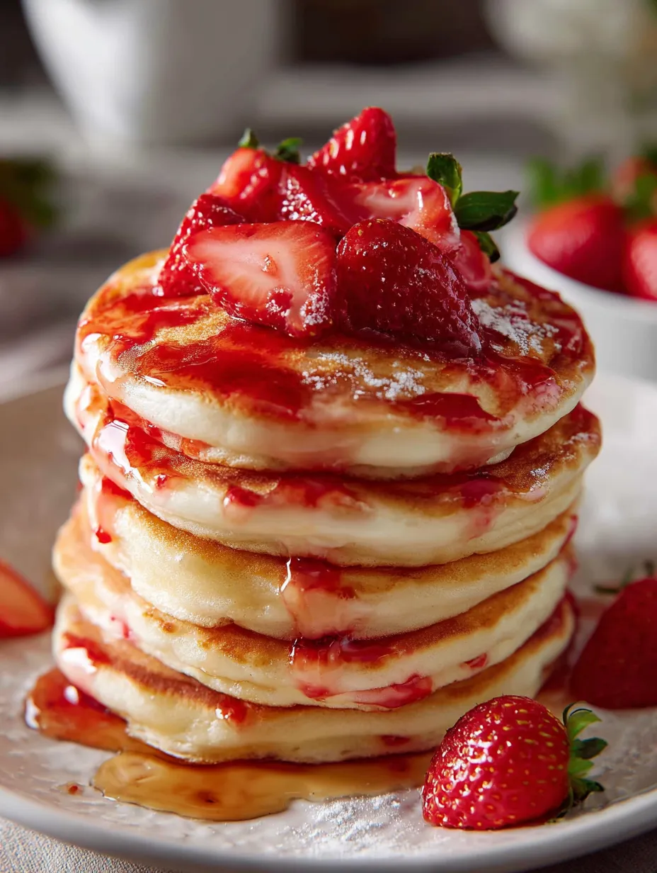 Ein Pfannkuchenturm getoppt mit frischen Erdbeeren.