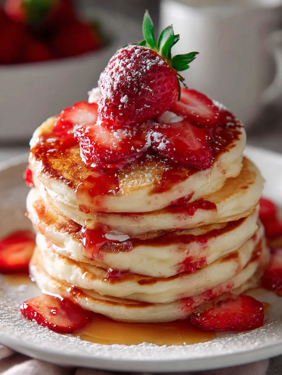 Ein Pfannkuchenturm getoppt mit frischen Erdbeeren.