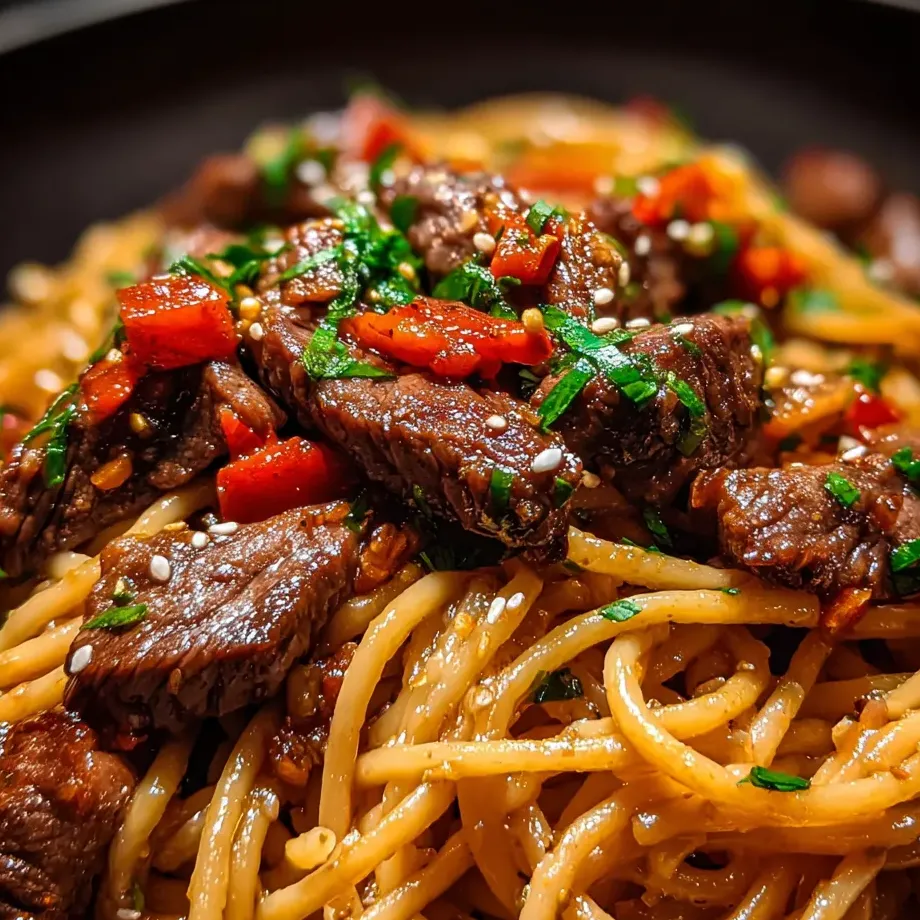 Eine Schüssel mit Rindfleisch und Nudeln.