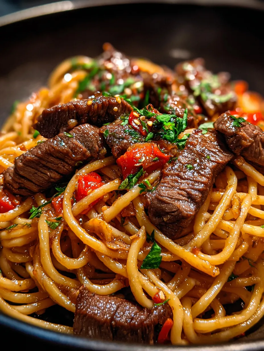 Eine Schüssel Nudeln mit Fleisch und Gemüse.