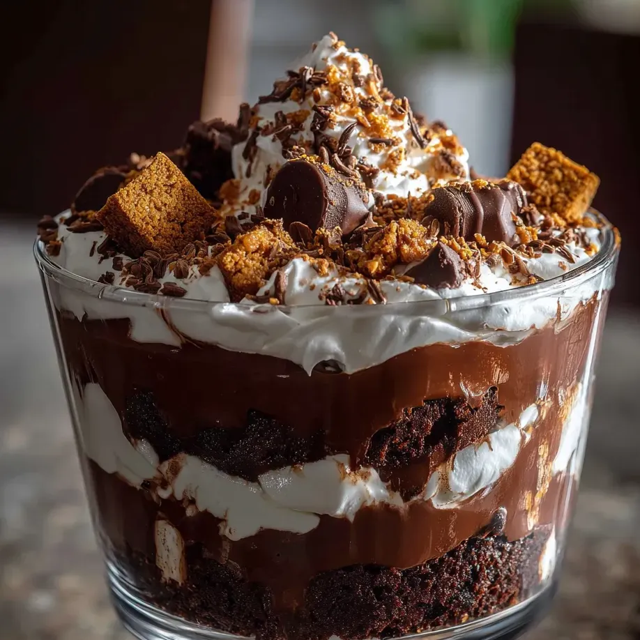 Ein schokoladiges Dessert mit weißer Sahne und Schokostückchen.