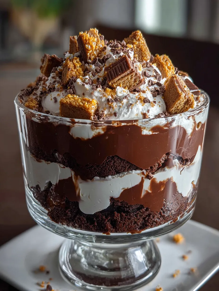 Ein Dessert aus Schokolade mit weißer Sahne und knusprigem Müsli.