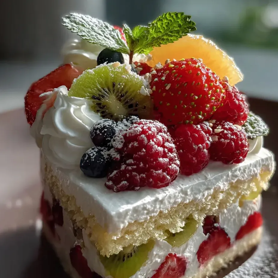 Kuchenstück mit frischem Obst obendrauf.