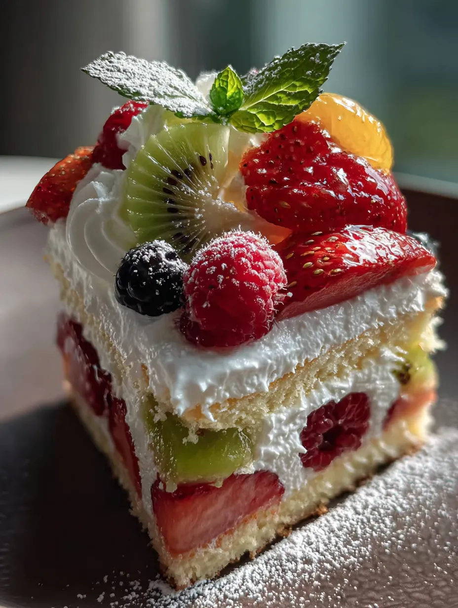 Ein Stück Kuchen mit frischen Früchten obendrauf.