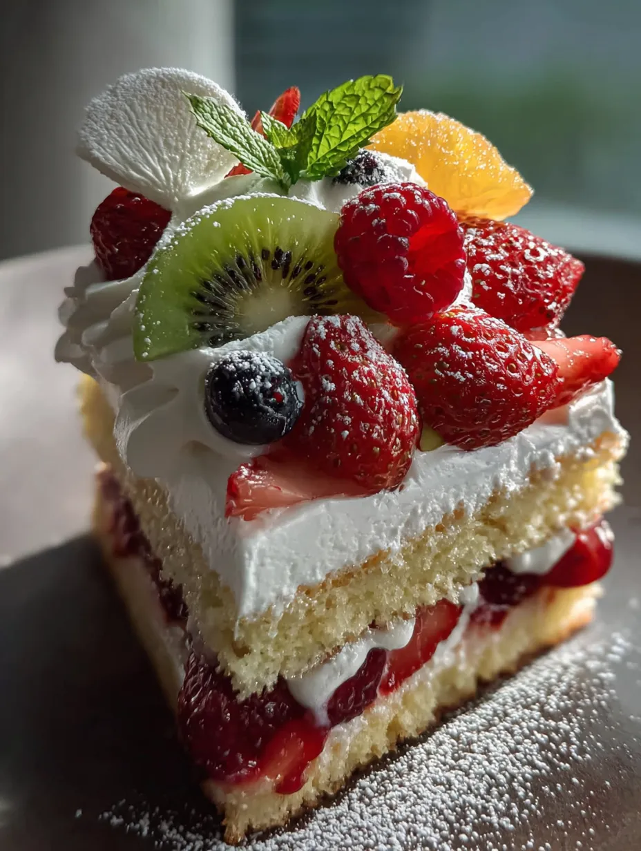 Ein Stück Kuchen mit frischen Früchten obendrauf.