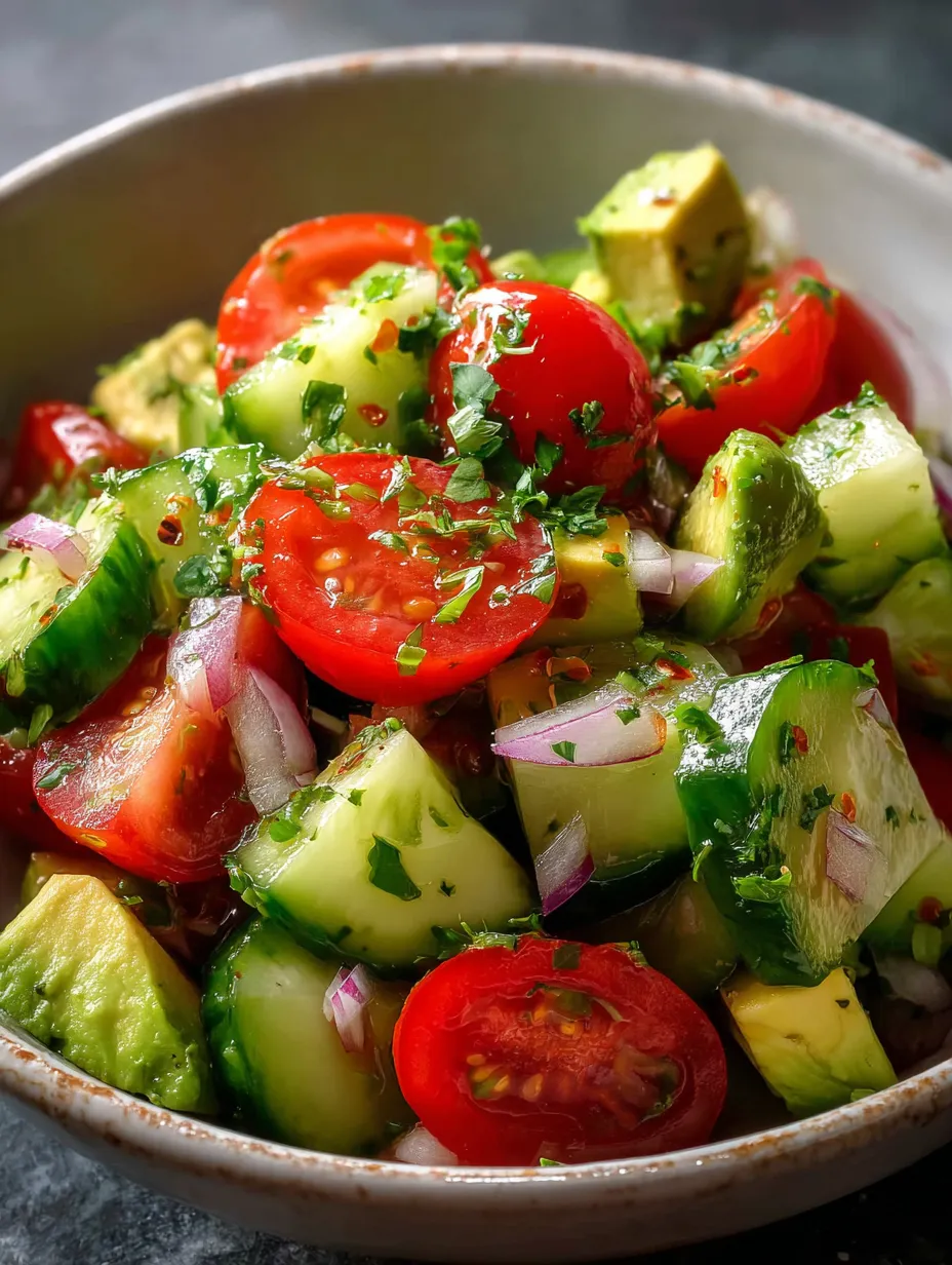 Eine Schüssel mit Tomaten, Gurken und Avocados.