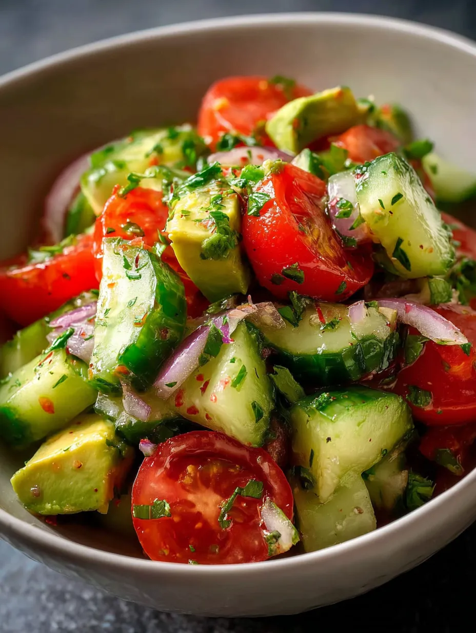 Eine Schüssel mit Tomaten, Gurken und Avocados.