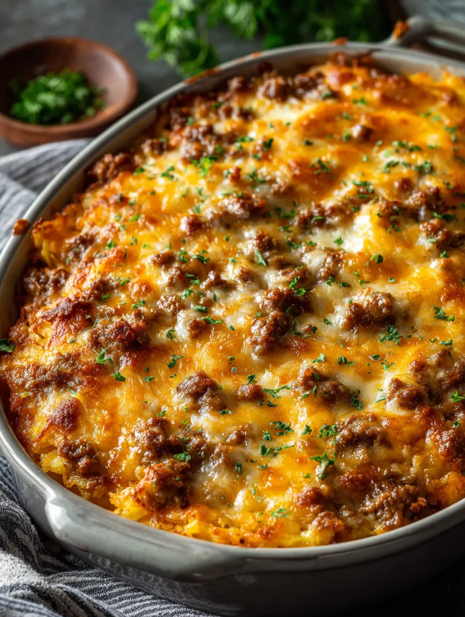 Eine Auflaufform mit Fleisch und Käse gefüllt.