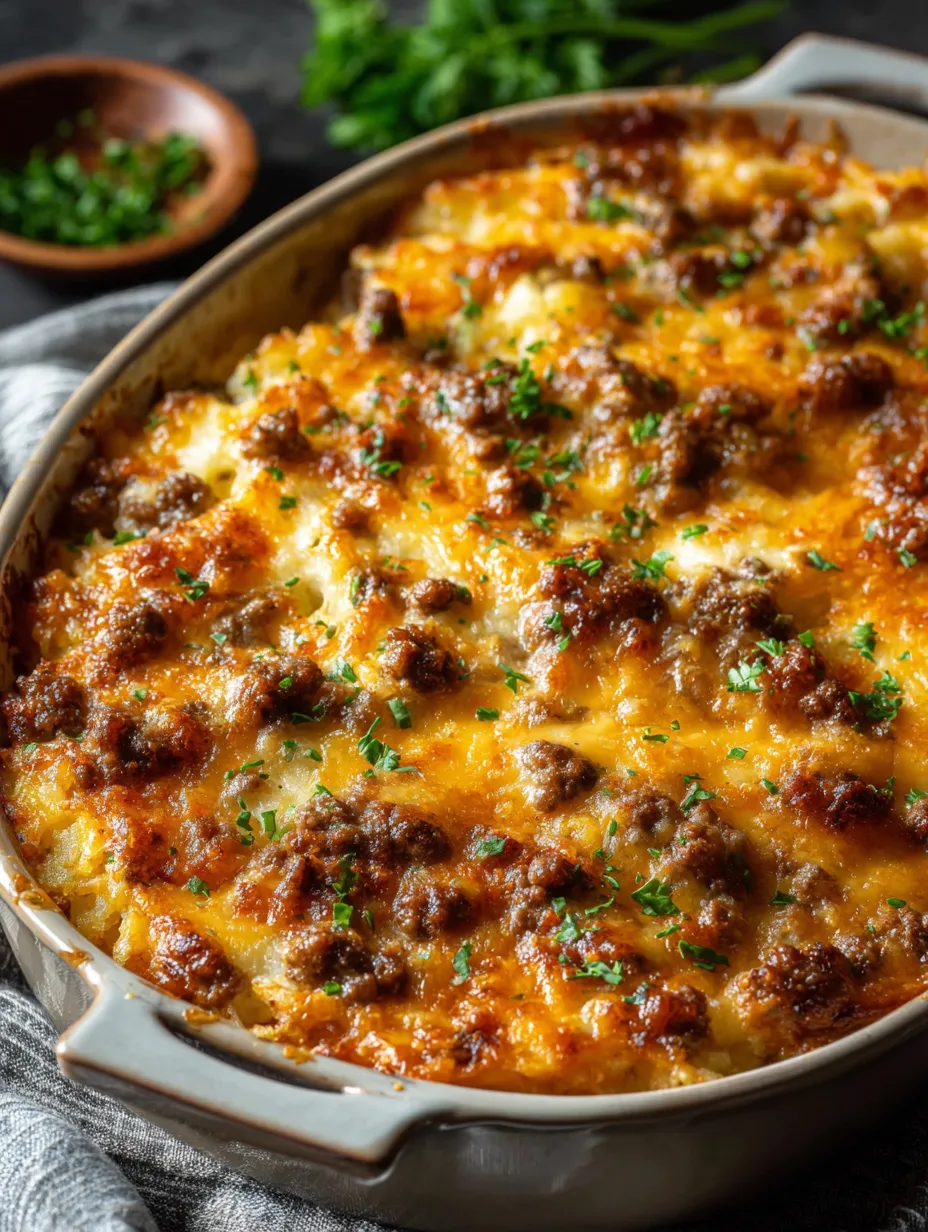 Eine Auflaufform mit Fleisch und Käse gefüllt.