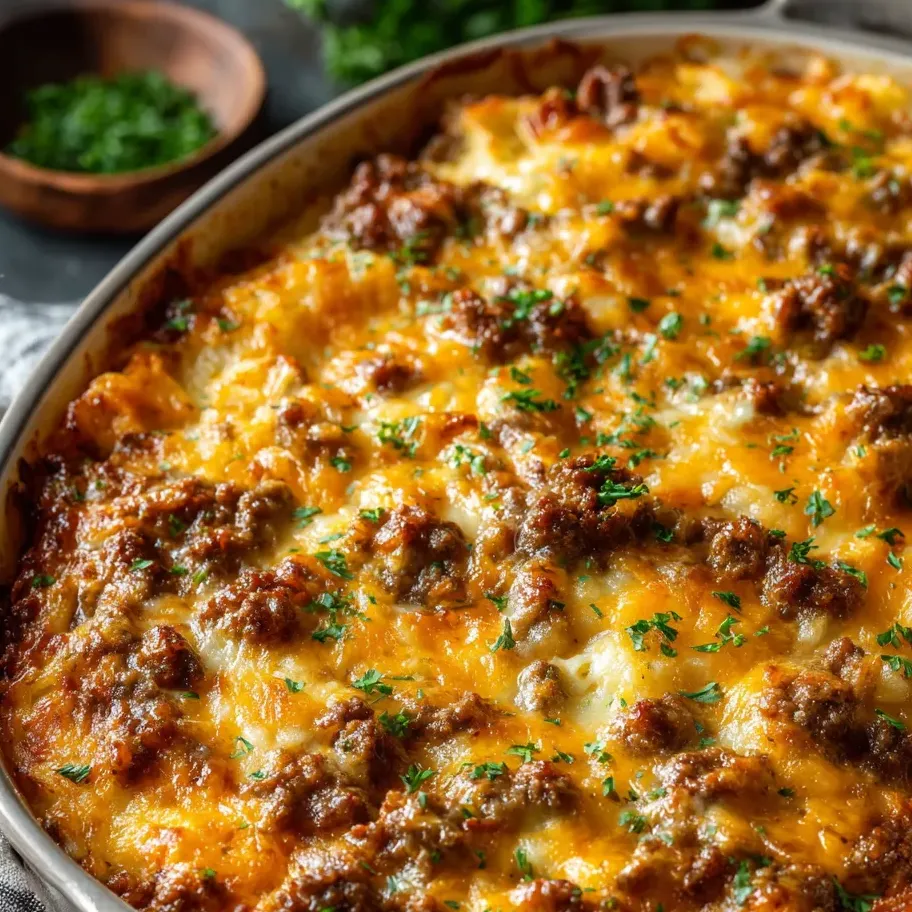 Eine Auflaufform voll mit Fleisch und geschmolzenem Käse.