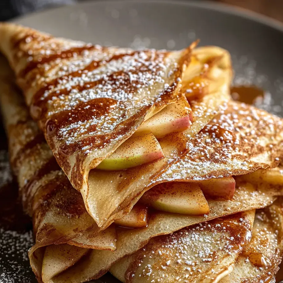 Eine Portion Apfel-Crepes mit Puderzucker.