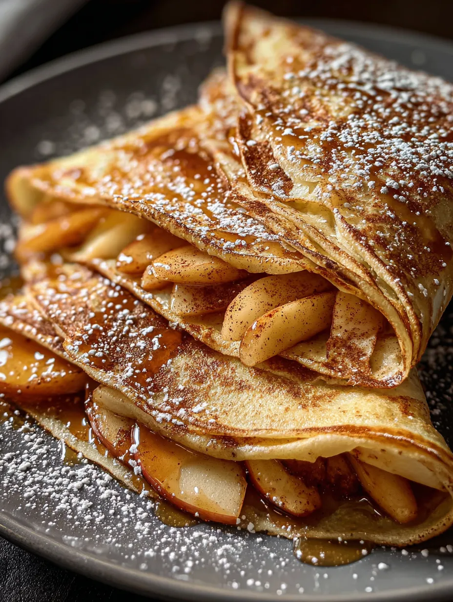 Ein Stapel Apfelpfannkuchen mit Puderzucker bestäubt.
