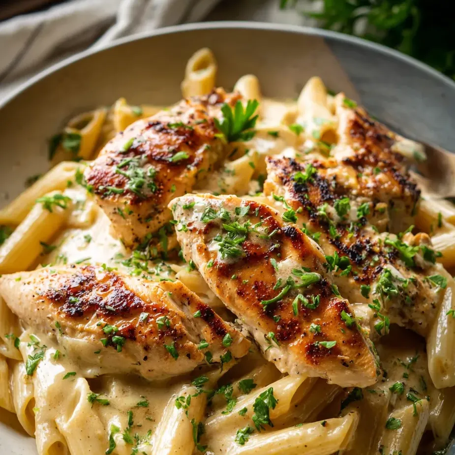 Ein Teller mit Huhn und Pasta.