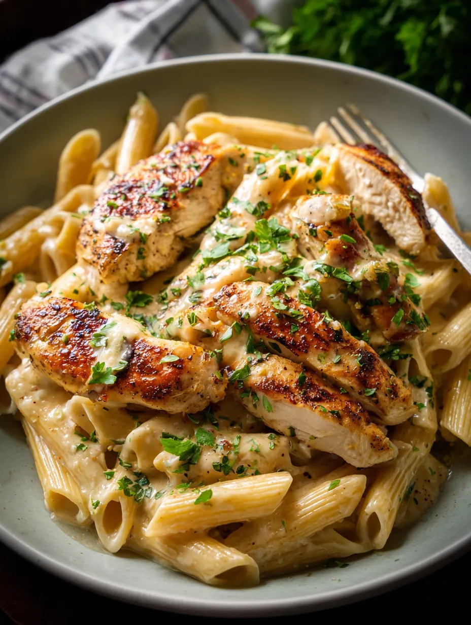 Ein Teller Pasta mit Hähnchen und frischen Kräutern.