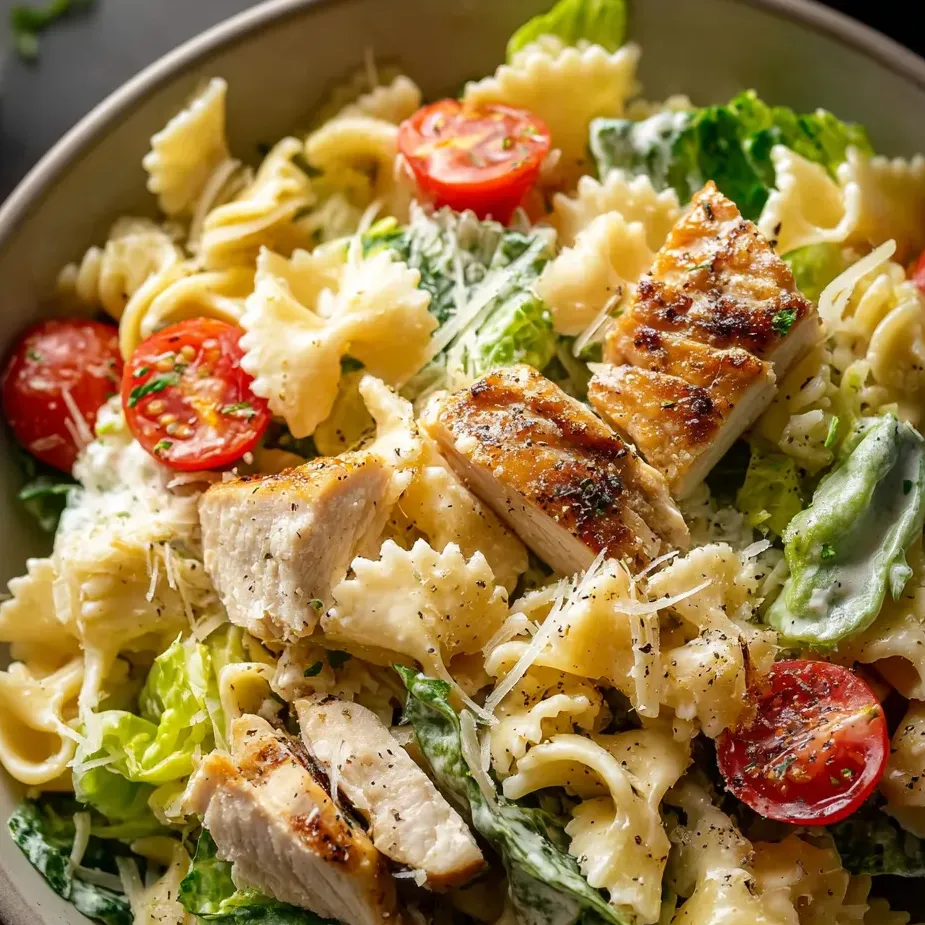 Eine Schüssel Nudeln mit Huhn und Tomaten.