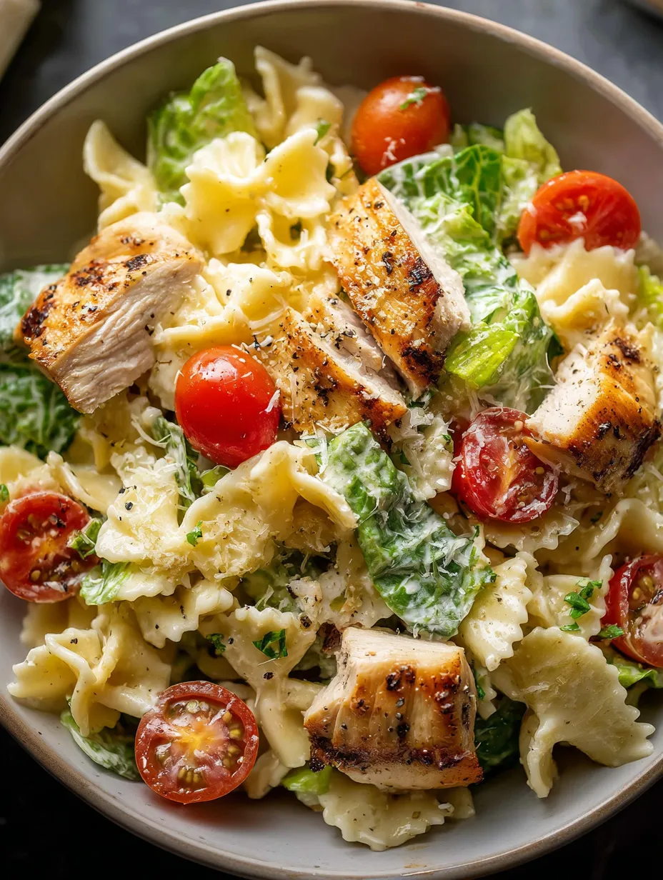 Eine Schüssel Pasta mit Hähnchen und Tomaten.