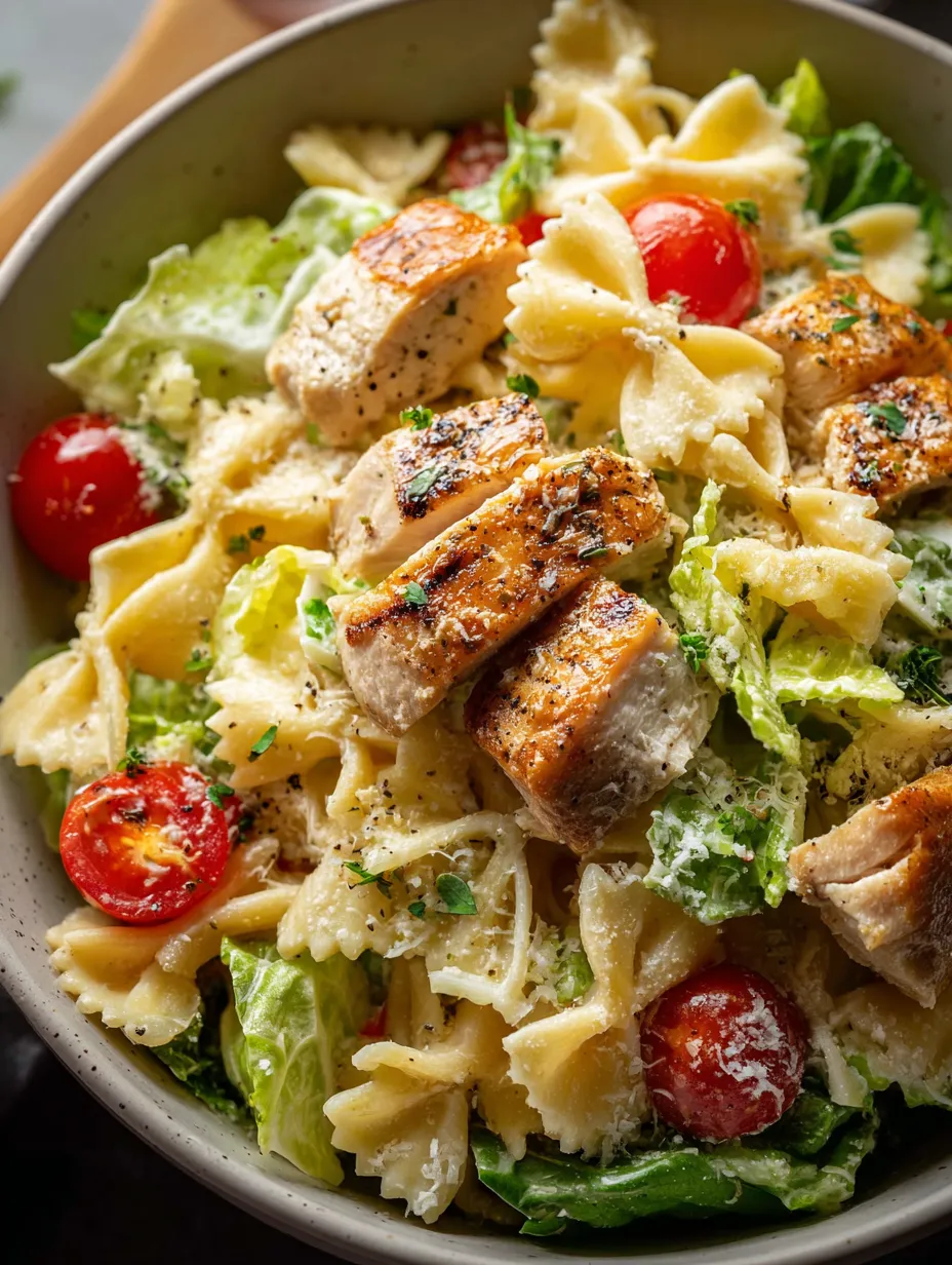 Eine Schüssel Pasta mit Hähnchen und Tomaten.