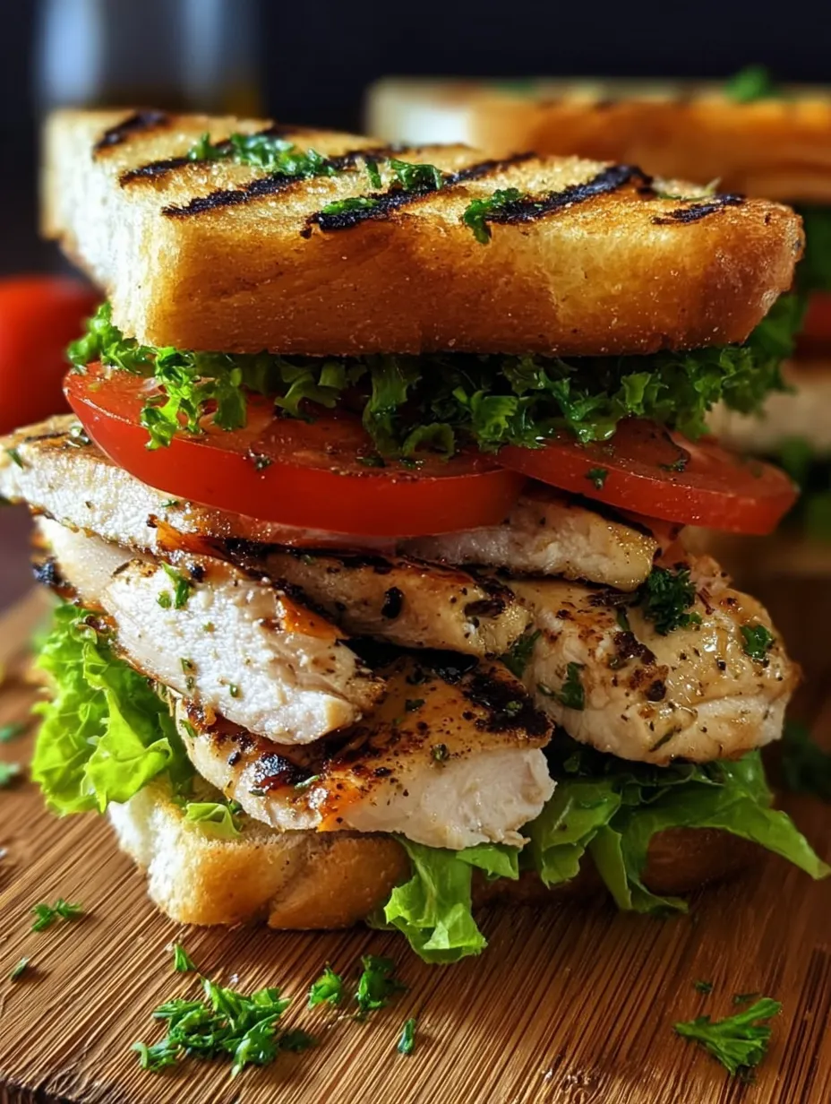 Ein Sandwich mit Hähnchen, Salat und Tomate.