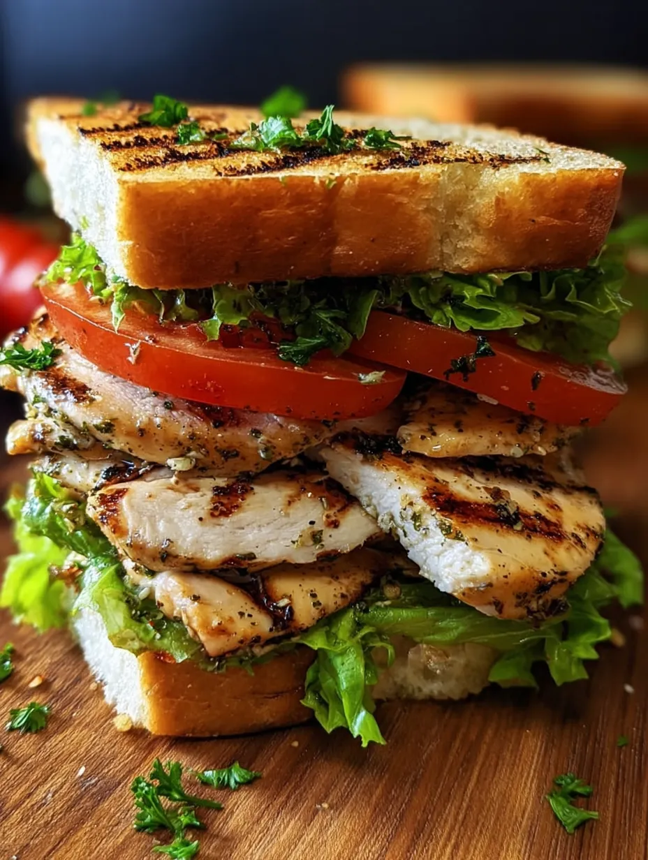 Ein Sandwich mit Hähnchen, Salat, Tomaten und Kräutern.