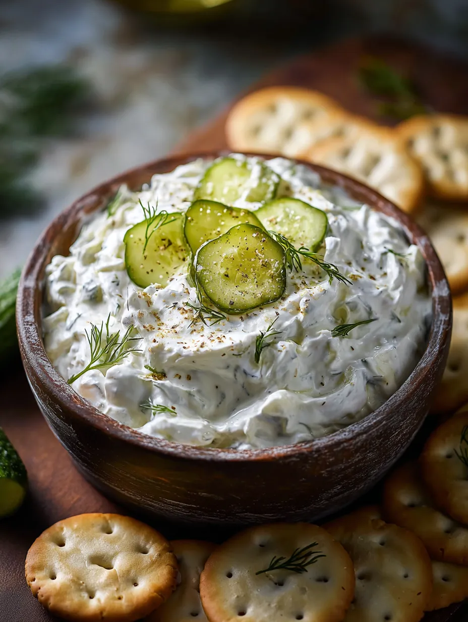 Eine Schale mit Gurken-Dip und Crackern.
