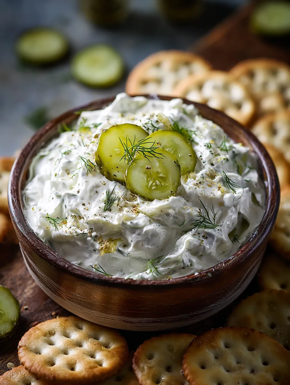 Eine Schale mit Gurken-Dip und Crackern.