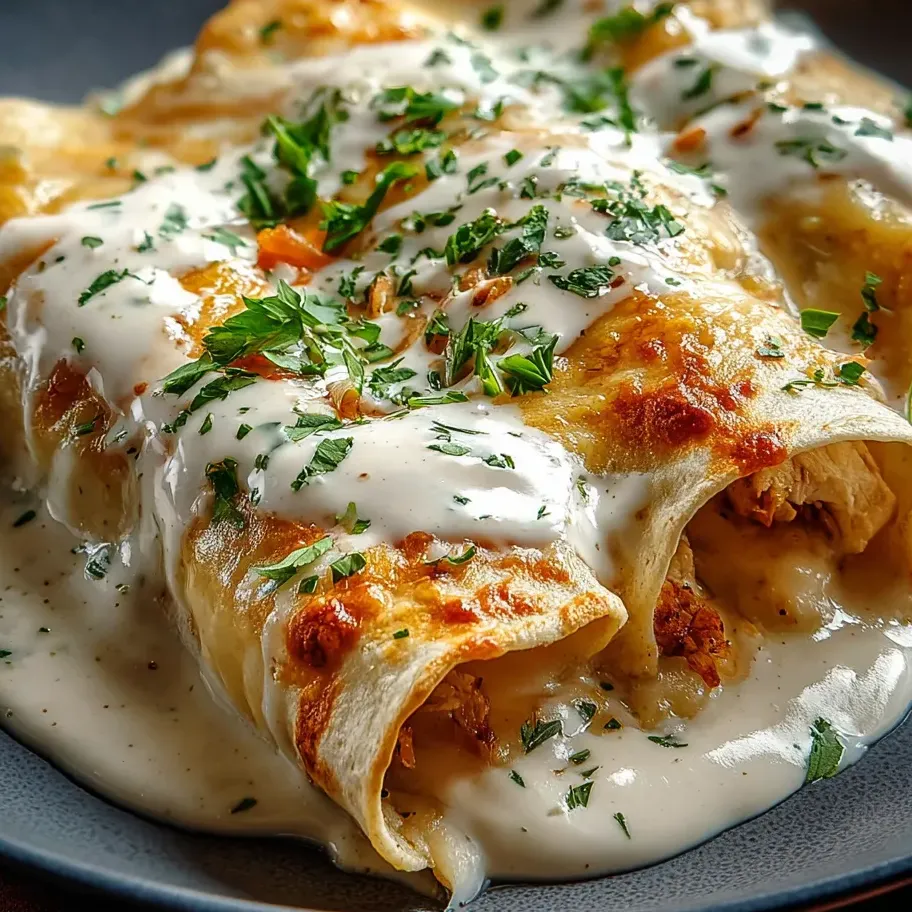 Ein Teller mit Enchiladas und weißer Sauce.