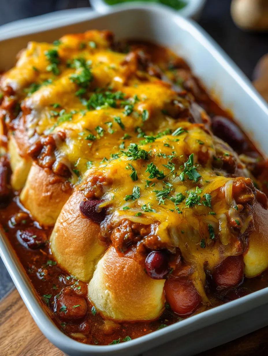 Eine weiße Schüssel mit Chili Cheese Dog drin.