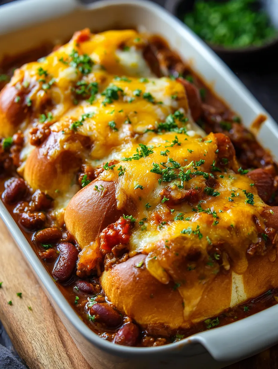 Ein weißer Teller mit einem Chili Dog drauf.