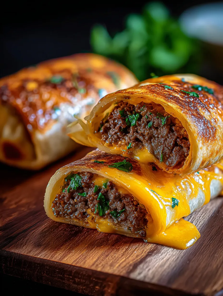 Ein Burrito mit Fleisch und Käse liegt auf einem Holztisch.