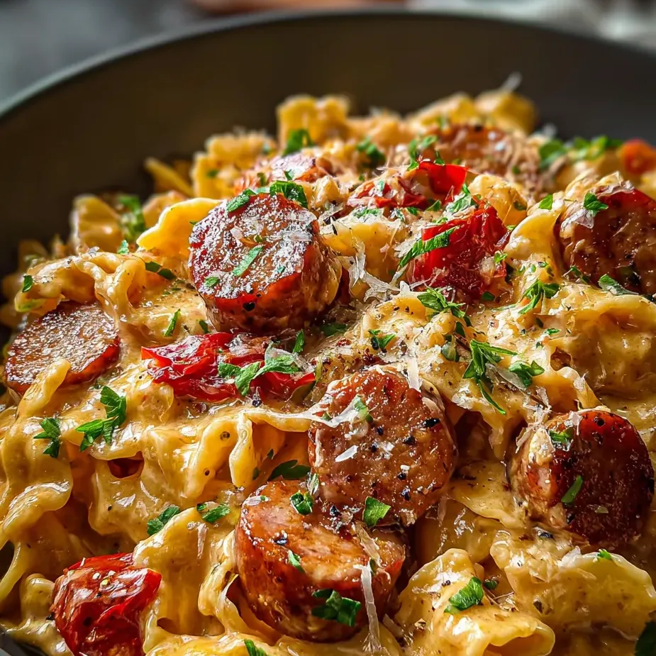 Ein Schälchen Nudeln mit Wurst und Paprika.
