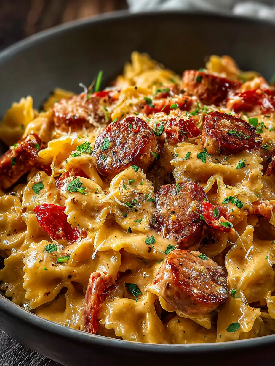 Eine Schüssel Pasta mit Käse und Wurst.